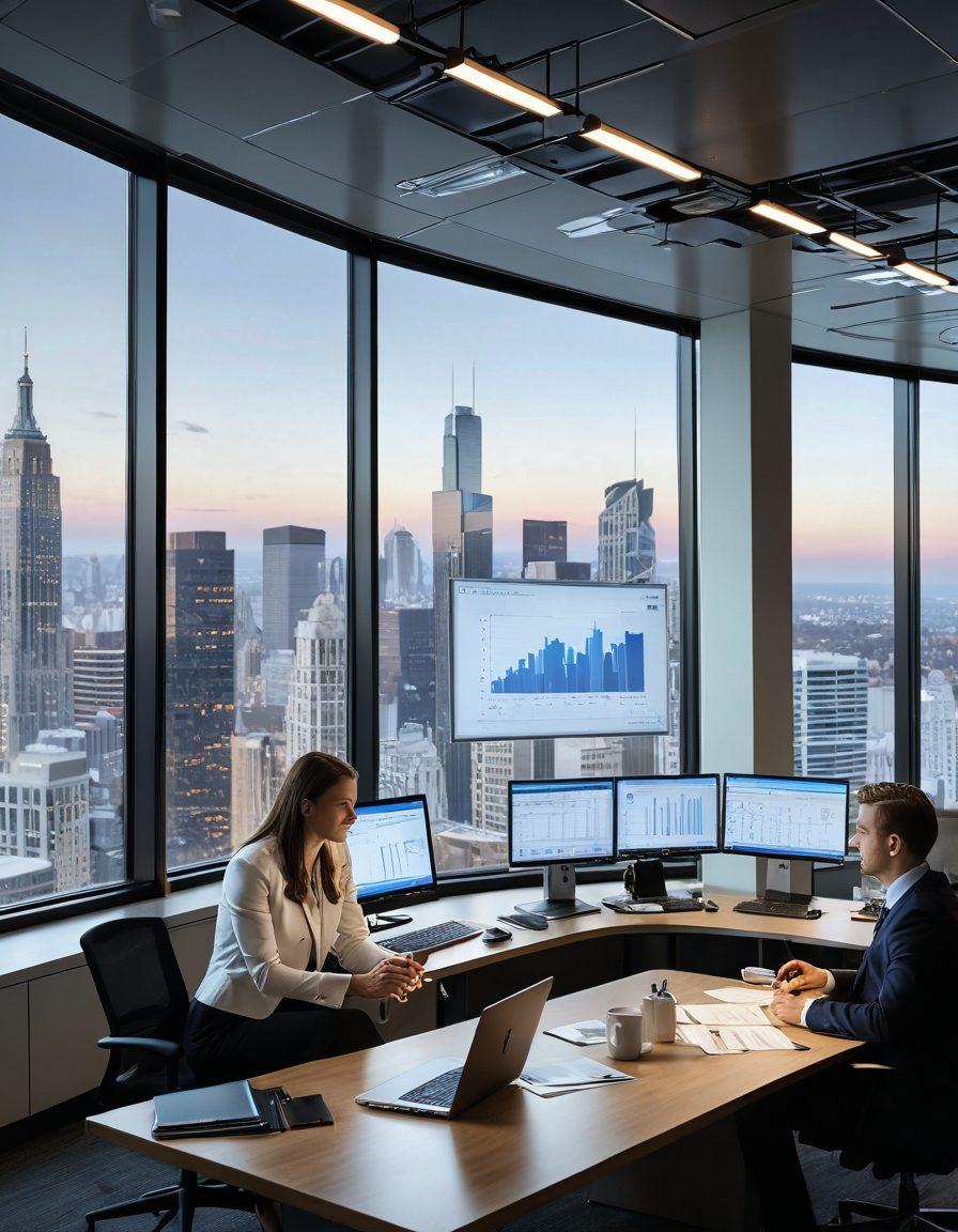 A modern office scene featuring a diverse group of individuals and businesspeople collaborating around a table filled with financial documents and laptops, showcasing the theme of banking solutions. Include elements like charts displaying growth, a laptop with online banking open, and a glowing key symbolizing unlocking financial potential. The background should hint at a city skyline through a large window, emphasizing opportunity. super-realistic. vibrant colors. professional setting.