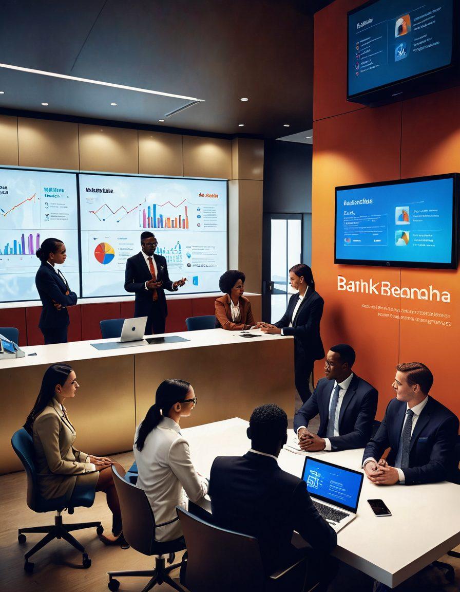 A detailed illustration of a diverse group of individuals and business owners interacting in a modern bank setting, showcasing essential banking services like online banking, loan advice, and investment consultations. Include a digital interface with graphs and charts representing financial growth and security. The atmosphere should evoke professionalism and trust, with warm lighting and sleek furnishings. super-realistic. vibrant colors. 3D.