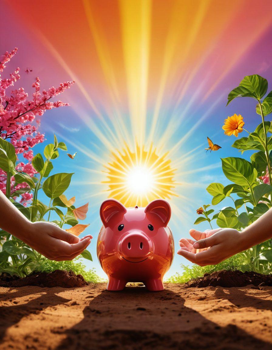 A visual journey depicting a person transitioning from a piggy bank symbolizing savings to dynamic investment symbols like stock charts and growing plants. Include elements of empowerment, such as a rising sun in the background and hands reaching towards the sky. Use vibrant colors to convey optimism and energy. super-realistic. vibrant colors. abstract background.